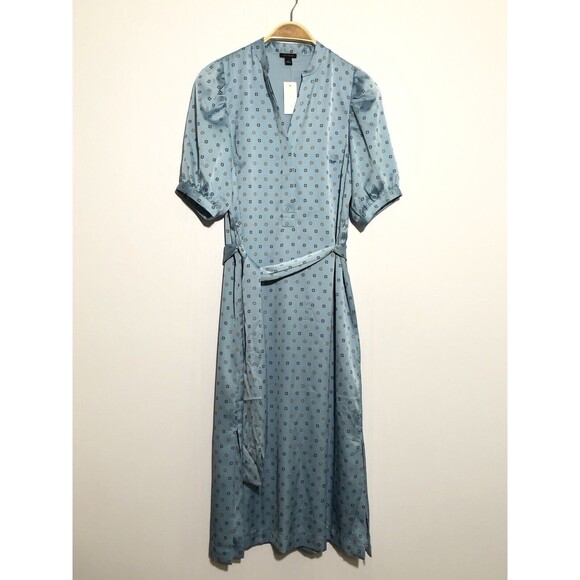 Ann Taylor MIDI SHIRT DRESS Women's XS BLUE SATIN GEO PUFF SLEEVE BELTED NEW - Picture 1 of 15